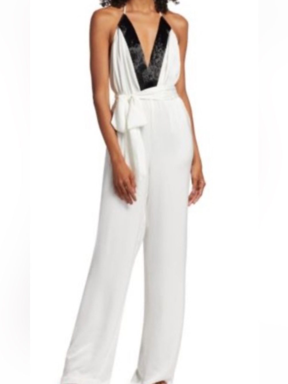 Ramy Brook White Halter Jumpsuit with Black Plunge V Trim
